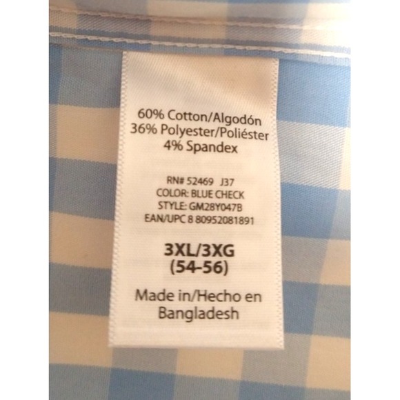 B&T MENS GEORGE LONG SLEEVE, BUTTON UP SHIRT NW/OT 3XL 54-56" BLUE & WHITE PLAID - Picture 7 of 9